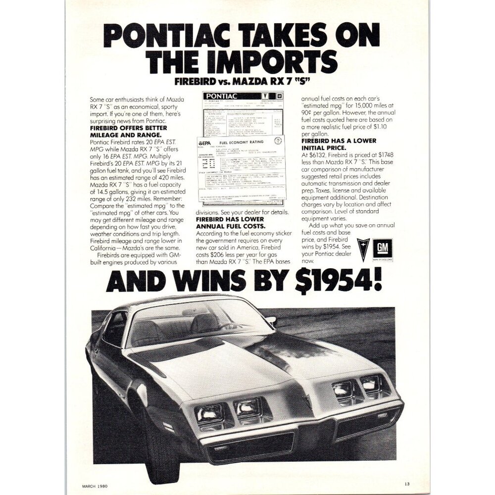 1980 Pontiac Firebird vs Mazda RX7 Sports Car Vintage Print Ad 80s Wall Art